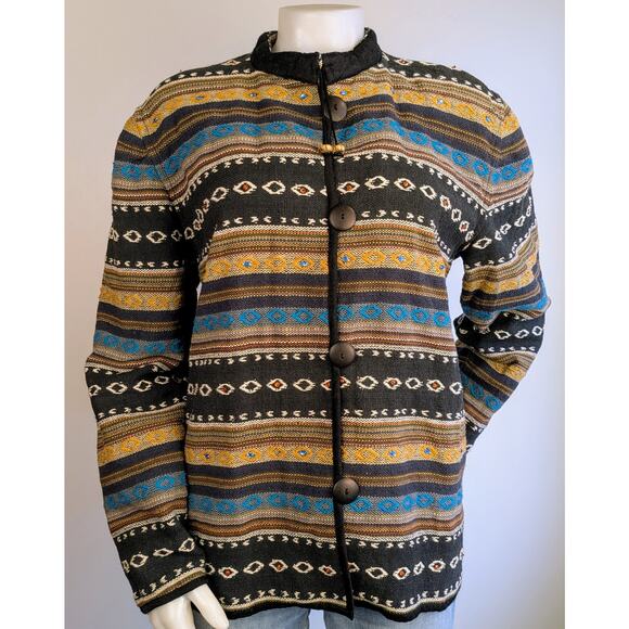 VTG Flashback Jacket Blazer Large Black Woven Cotton Ethnic Boho Aztec Beaded - Picture 11 of 11